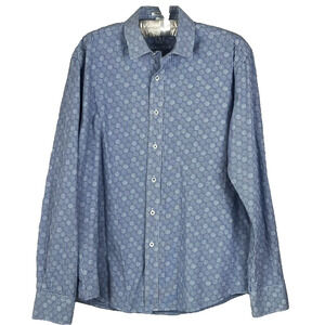 Bugatchi Uomo Shirt Men's L Blue Check Button Up Collared Long Sleeve Shaped Fit